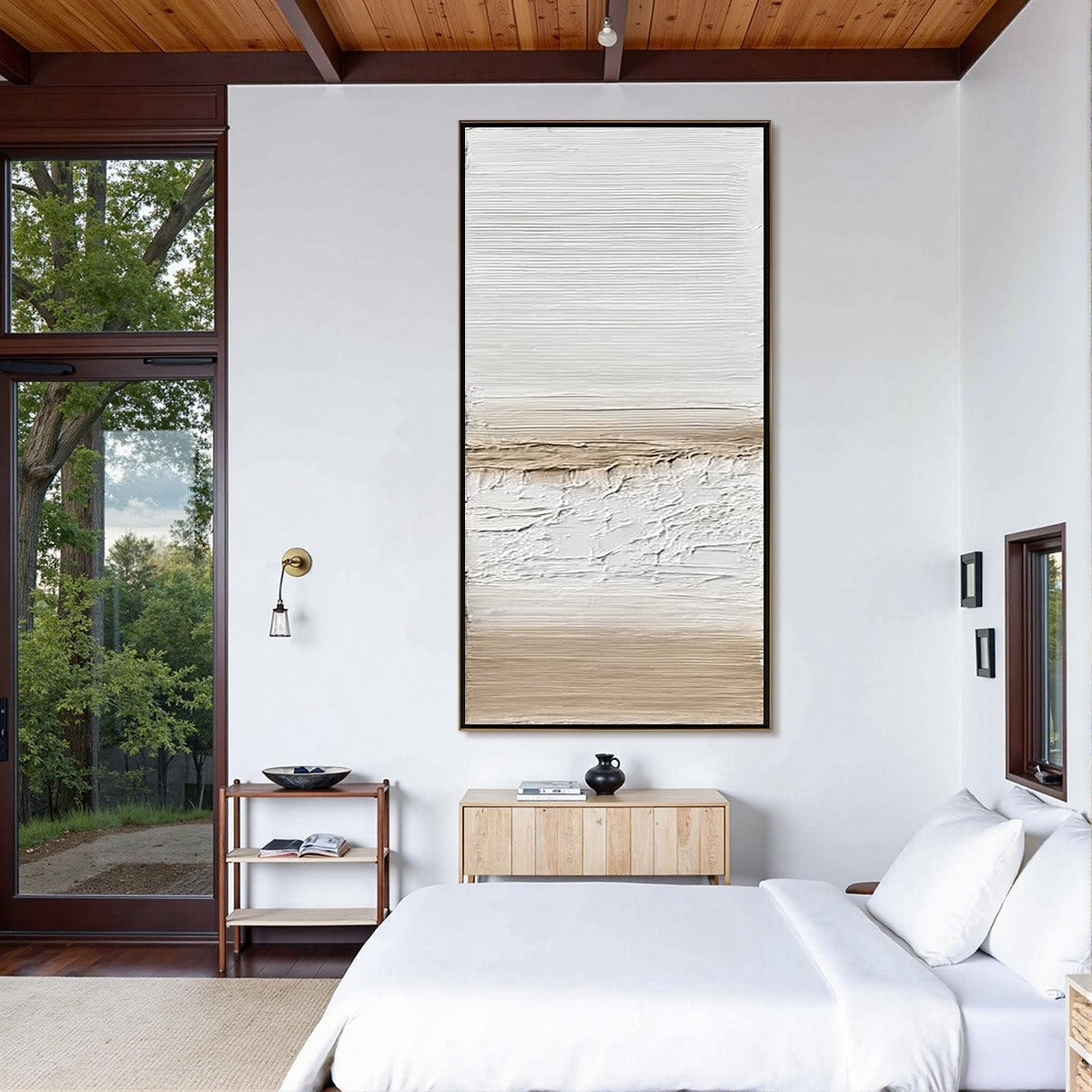 Coastal Calm hand-painted white and beige textured coastal landscape painting shown with white frame