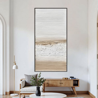 Coastal Calm hand-painted white and beige textured coastal landscape painting shown as stretched canvas