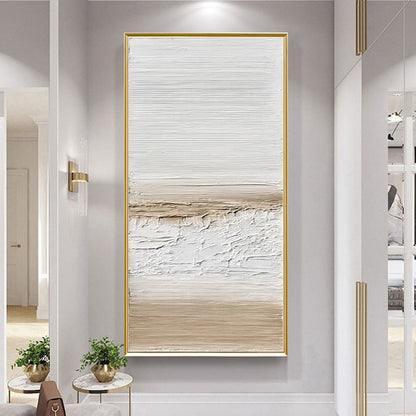 Coastal Calm hand-painted white and beige textured coastal landscape painting shown with gold frame