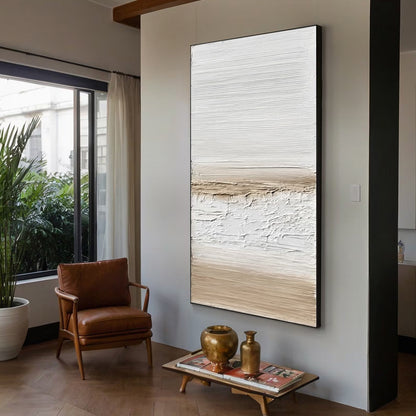Coastal Calm hand-painted white and beige textured coastal landscape painting shown with black frame