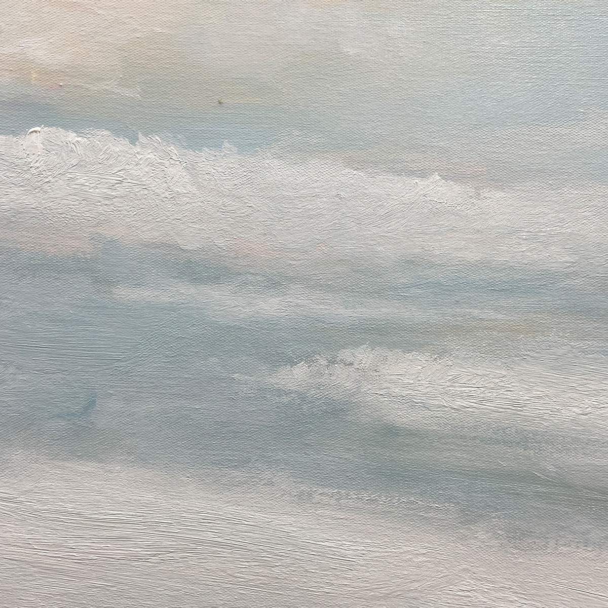 Coastal Serenity hand-painted white, soft grey, ocean blue and gold textured ocean wave painting shown with silver frame