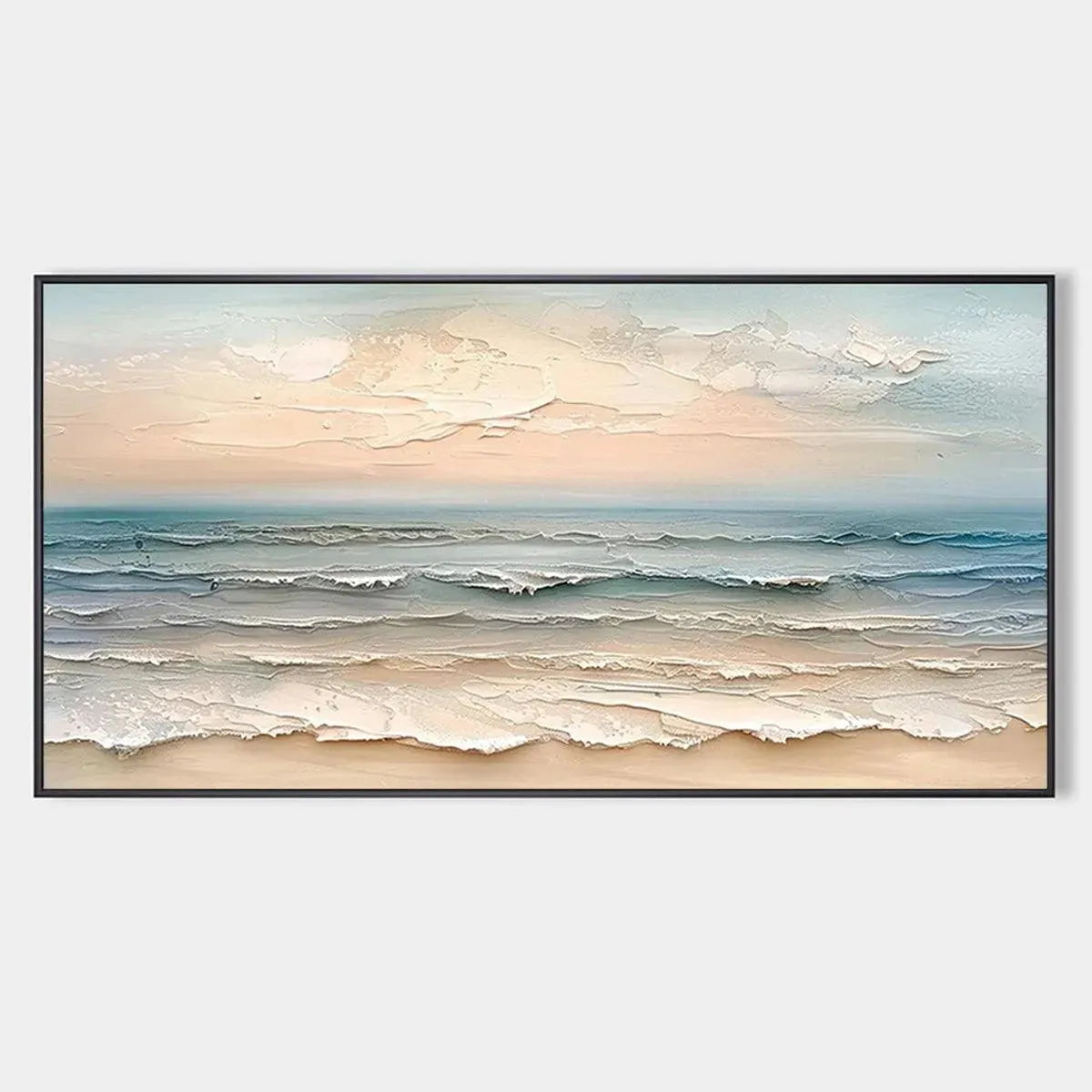 Coastal Serenity hand-painted ocean blue, ivory and soft neutral tones textured seascape painting rolled canvas option