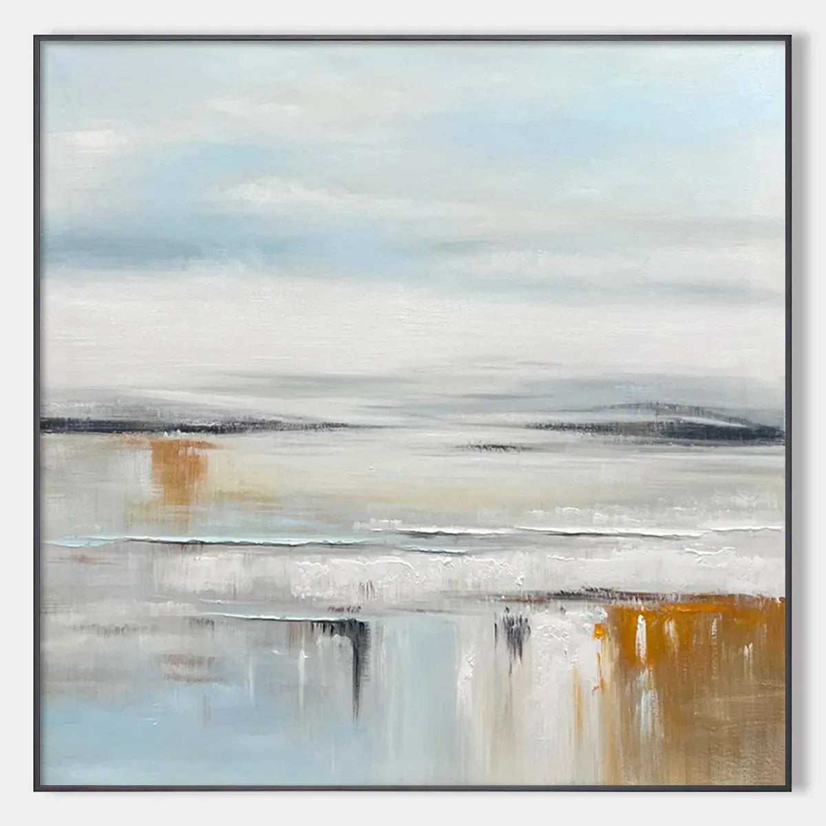 Coastal Serenity hand-painted white, soft grey, ocean blue and gold textured ocean wave painting rolled canvas option