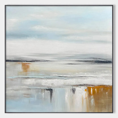 Coastal Serenity hand-painted white, soft grey, ocean blue and gold textured ocean wave painting rolled canvas option