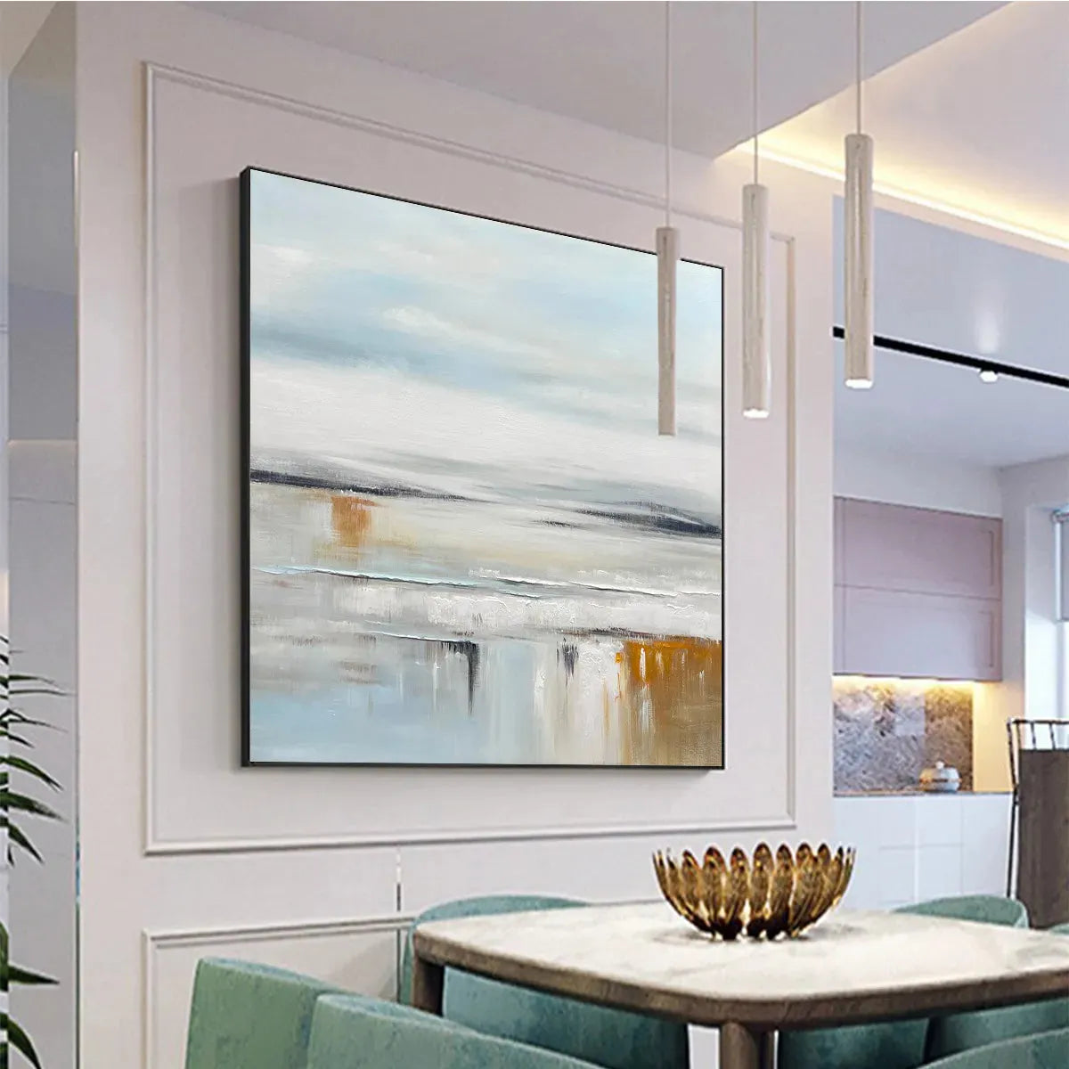 Coastal Serenity hand-painted white, soft grey, ocean blue and gold textured ocean wave painting shown with white frame