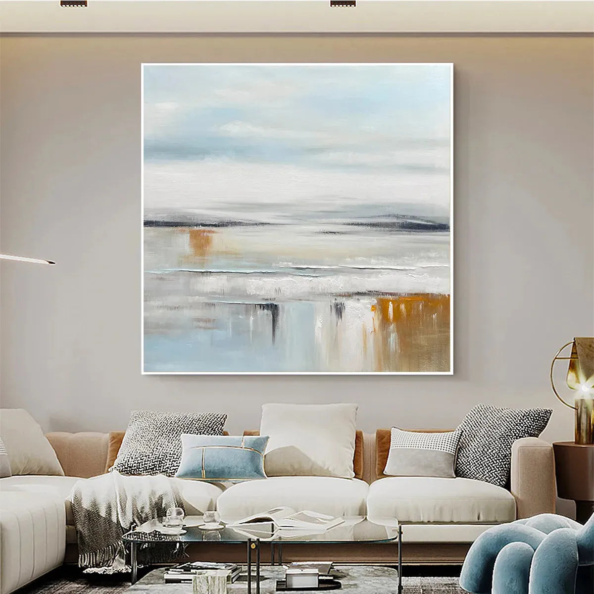 Coastal Serenity hand-painted white, soft grey, ocean blue and gold textured ocean wave painting shown with wood frame