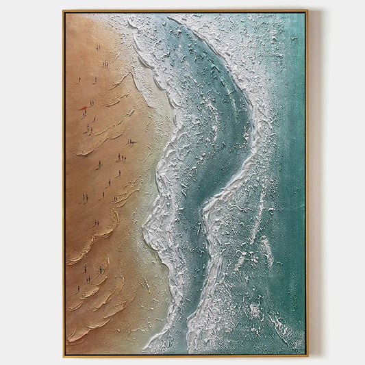Coastal Serenity hand-painted beige and ocean blue textured beach scene painting rolled canvas option