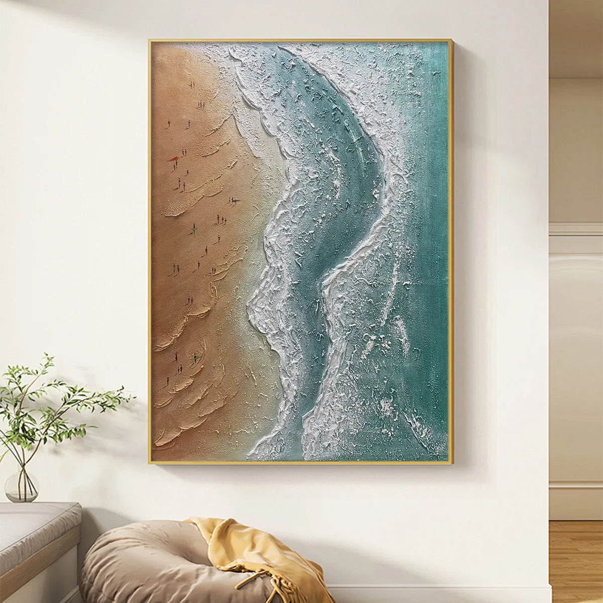 Coastal Serenity hand-painted beige and ocean blue textured beach scene painting shown as stretched canvas