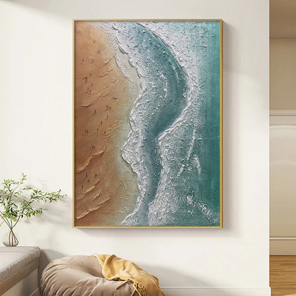 Coastal Serenity hand-painted beige and ocean blue textured beach scene painting shown as stretched canvas