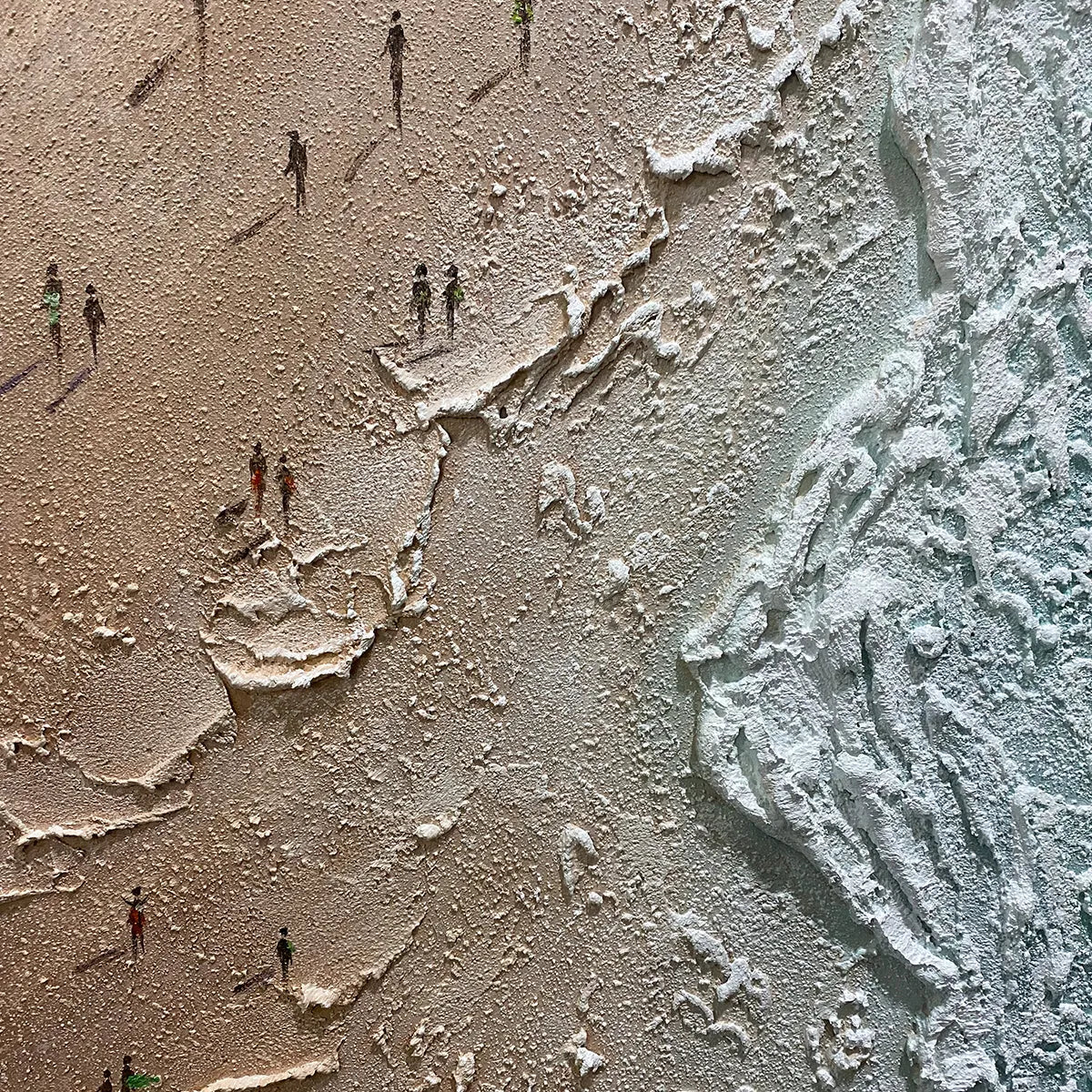 Coastal Serenity hand-painted beige and ocean blue textured beach scene painting shown with silver frame