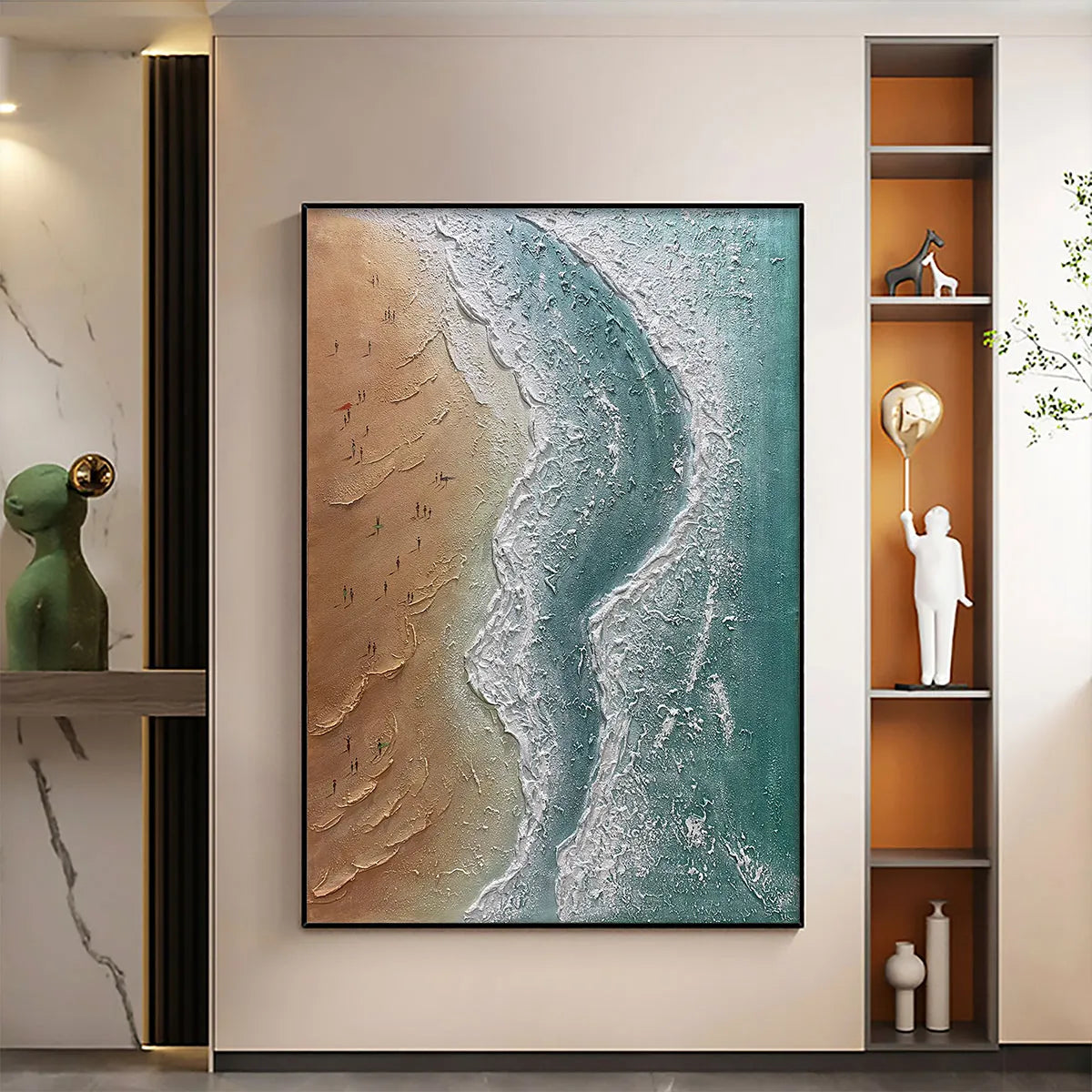 Coastal Serenity hand-painted beige and ocean blue textured beach scene painting shown as stretched canvas