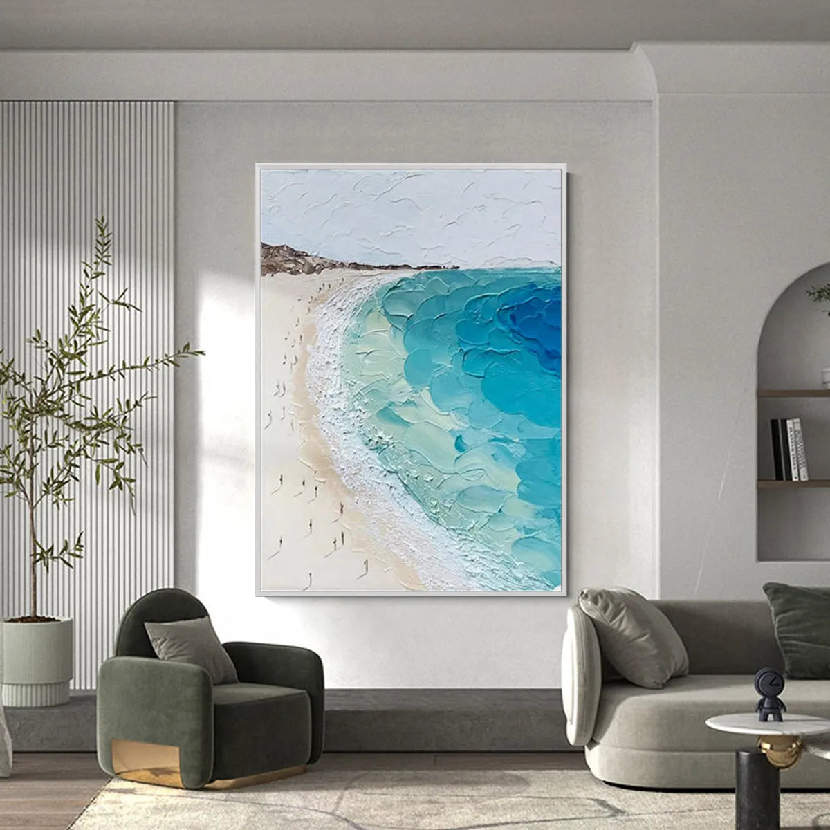 Coastal Serenity hand-painted ocean blue, ivory and soft neutral tones textured beach scene painting shown as stretched canvas