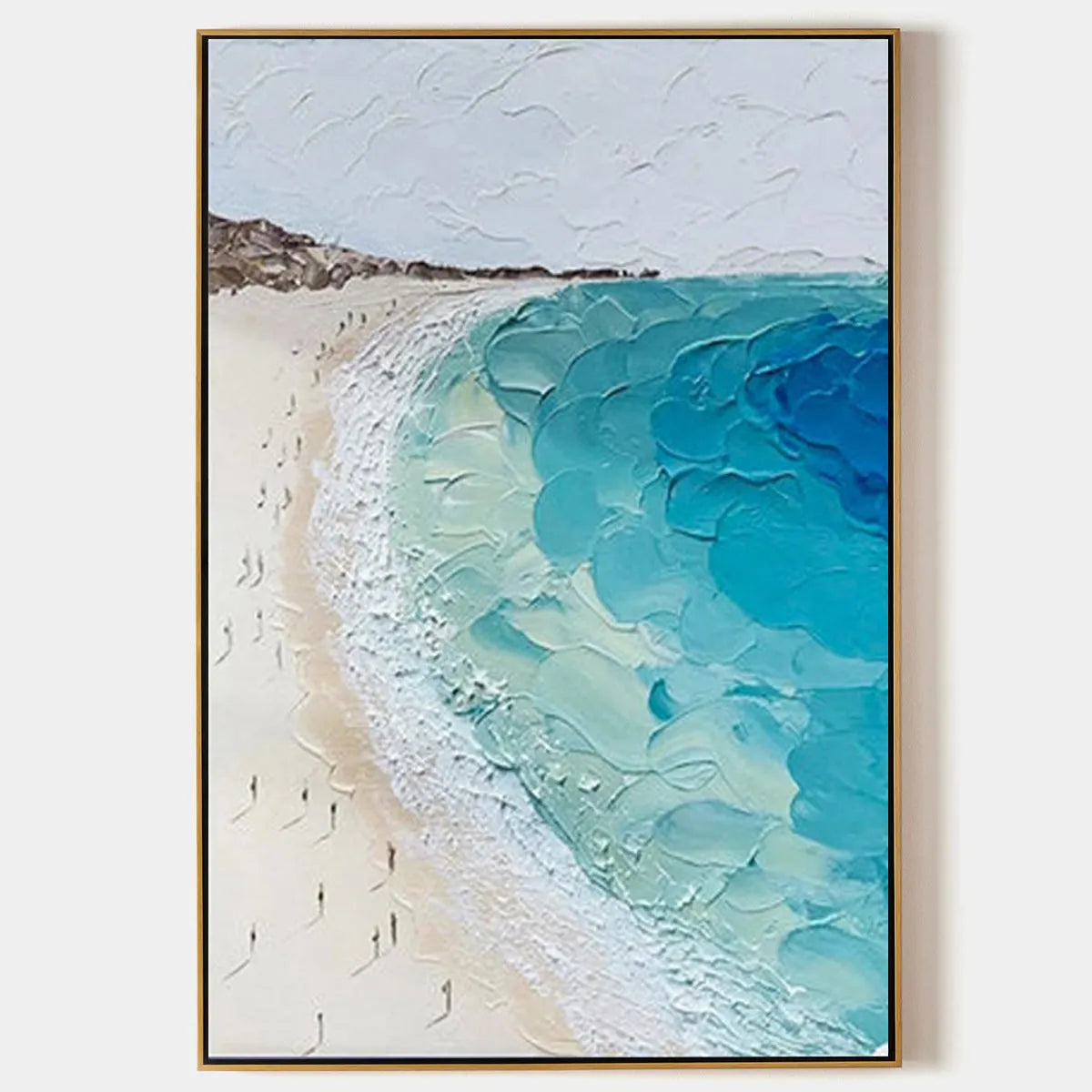 Coastal Serenity hand-painted ocean blue, ivory and soft neutral tones textured beach scene painting rolled canvas option