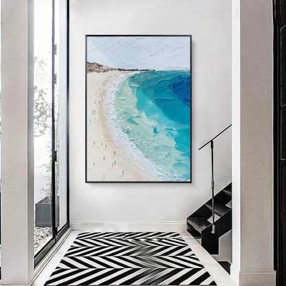 Coastal Serenity hand-painted ocean blue, ivory and soft neutral tones textured beach scene painting shown with white frame