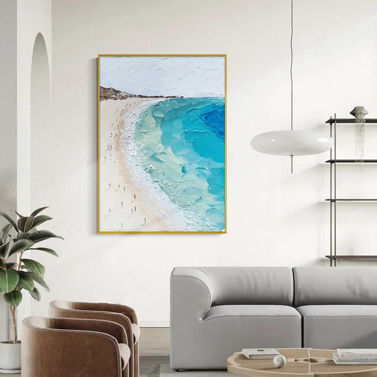 Coastal Serenity hand-painted ocean blue, ivory and soft neutral tones textured beach scene painting shown with black frame