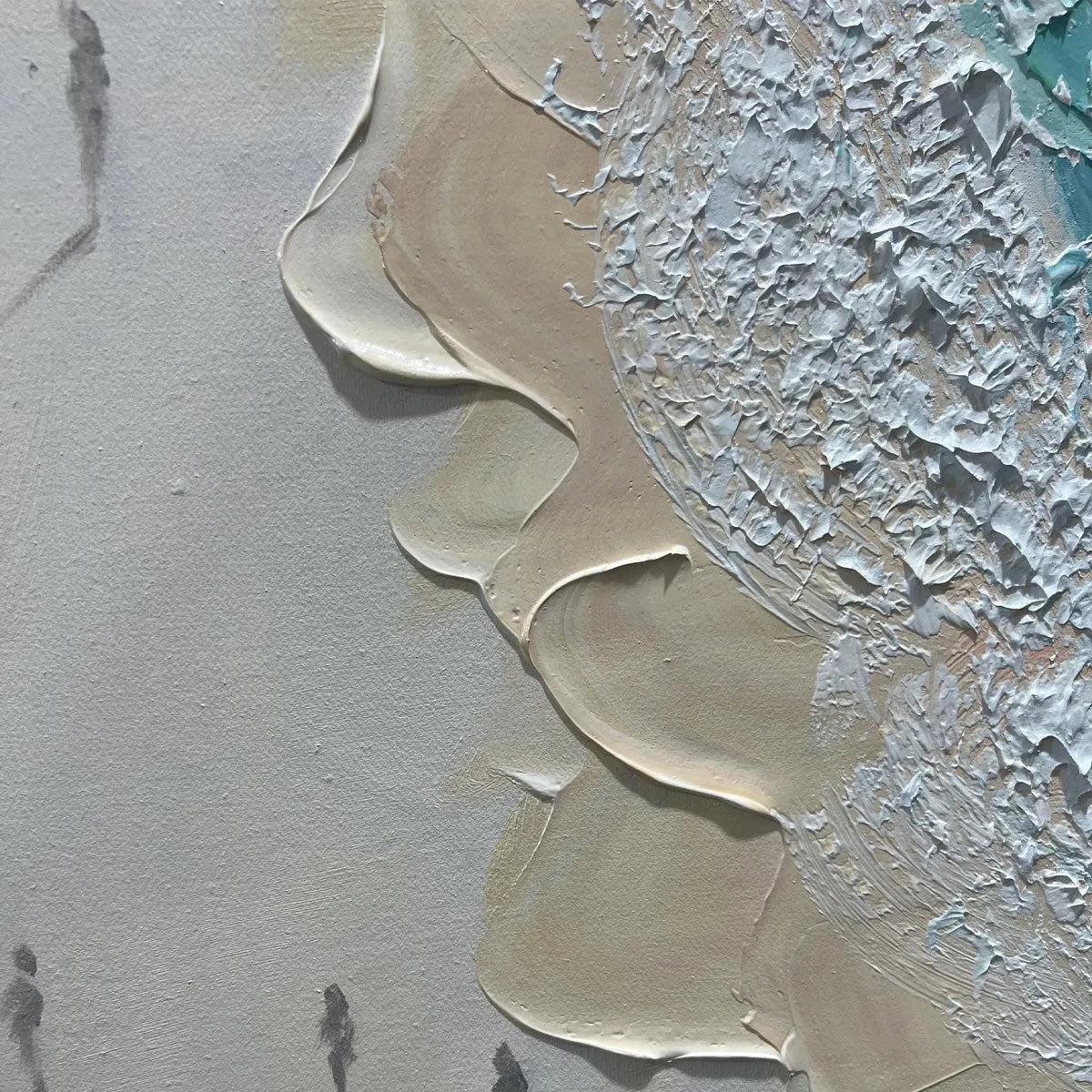Coastal Serenity hand-painted ocean blue, ivory and soft neutral tones textured beach scene painting shown with wood frame