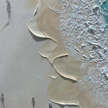 Coastal Serenity hand-painted ocean blue, ivory and soft neutral tones textured beach scene painting shown with wood frame