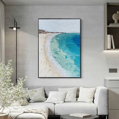 Coastal Serenity hand-painted ocean blue, ivory and soft neutral tones textured beach scene painting rolled canvas option