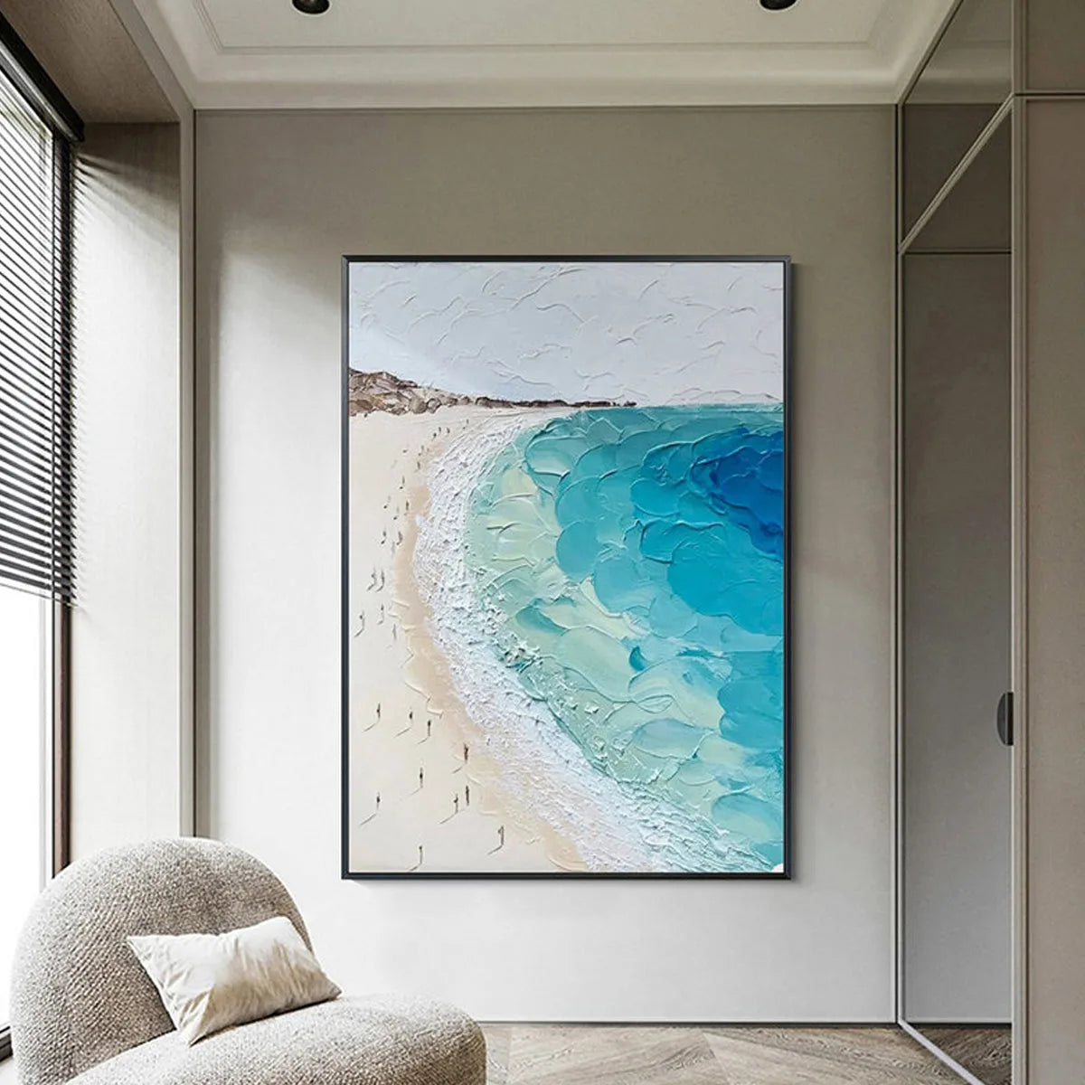 Coastal Serenity hand-painted ocean blue, ivory and soft neutral tones textured beach scene painting shown as stretched canvas