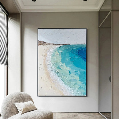 Coastal Serenity hand-painted ocean blue, ivory and soft neutral tones textured beach scene painting shown as stretched canvas