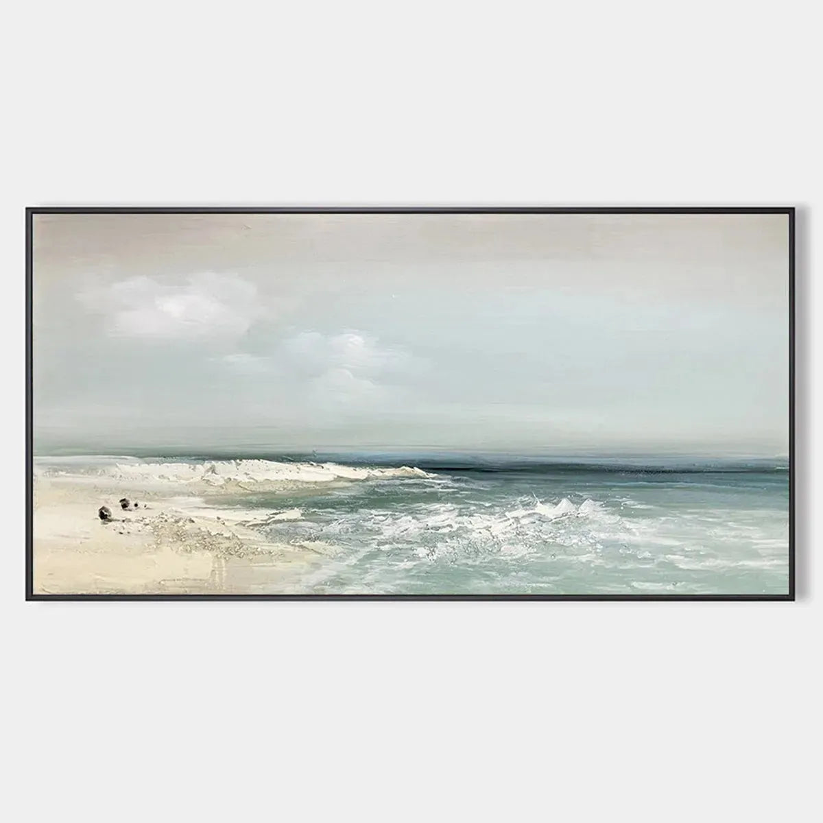 Coastal Whispers hand-painted ocean blue, ivory and soft neutral tones textured coastal landscape painting rolled canvas option