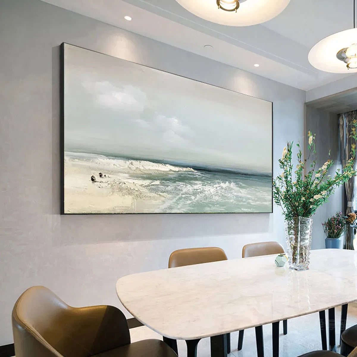 Coastal Whispers hand-painted ocean blue, ivory and soft neutral tones textured coastal landscape painting shown as stretched canvas