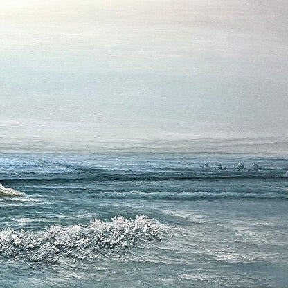 Coastal Whispers hand-painted ocean blue, ivory and soft neutral tones textured coastal landscape painting shown with silver frame