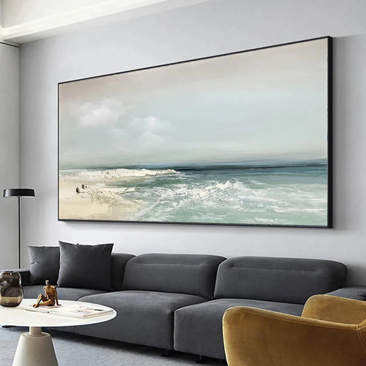 Coastal Whispers hand-painted ocean blue, ivory and soft neutral tones textured coastal landscape painting shown with white frame