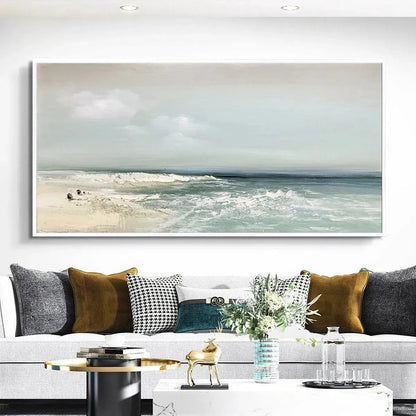 Coastal Whispers hand-painted ocean blue, ivory and soft neutral tones textured coastal landscape painting shown with black frame