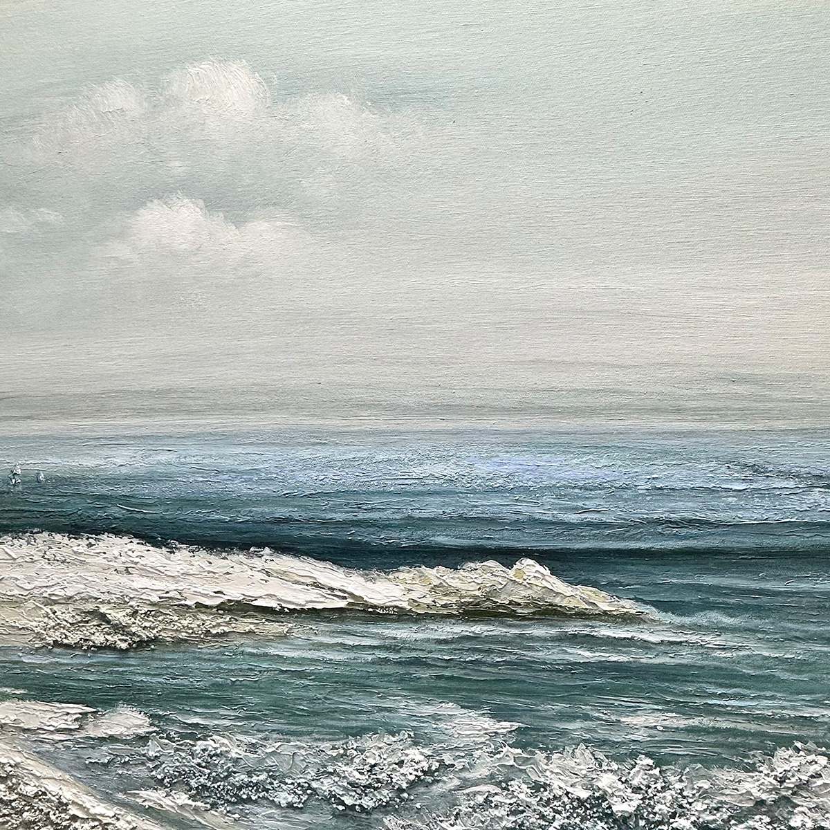 Coastal Whispers hand-painted ocean blue, ivory and soft neutral tones textured coastal landscape painting shown with wood frame