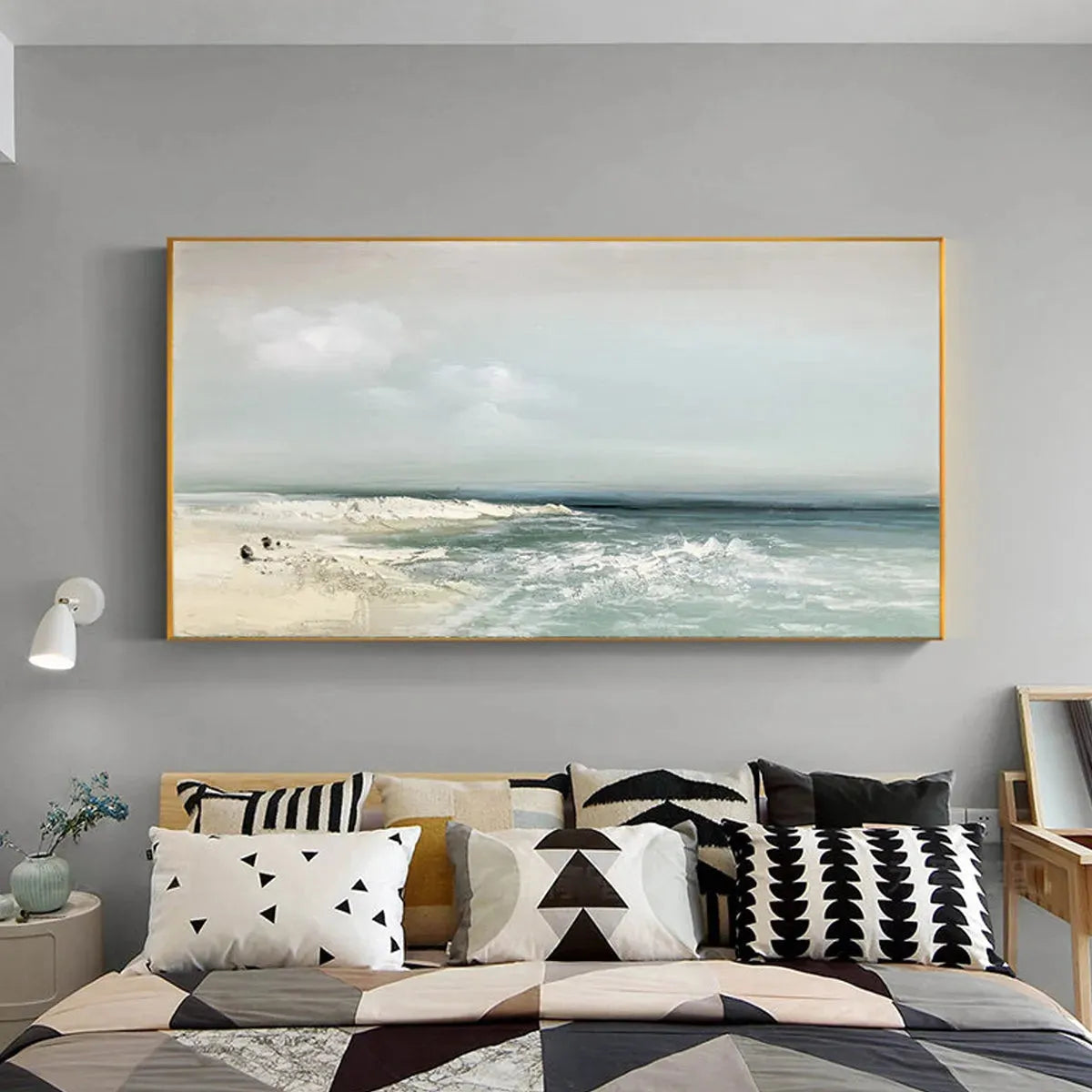 Coastal Whispers hand-painted ocean blue, ivory and soft neutral tones textured coastal landscape painting rolled canvas option