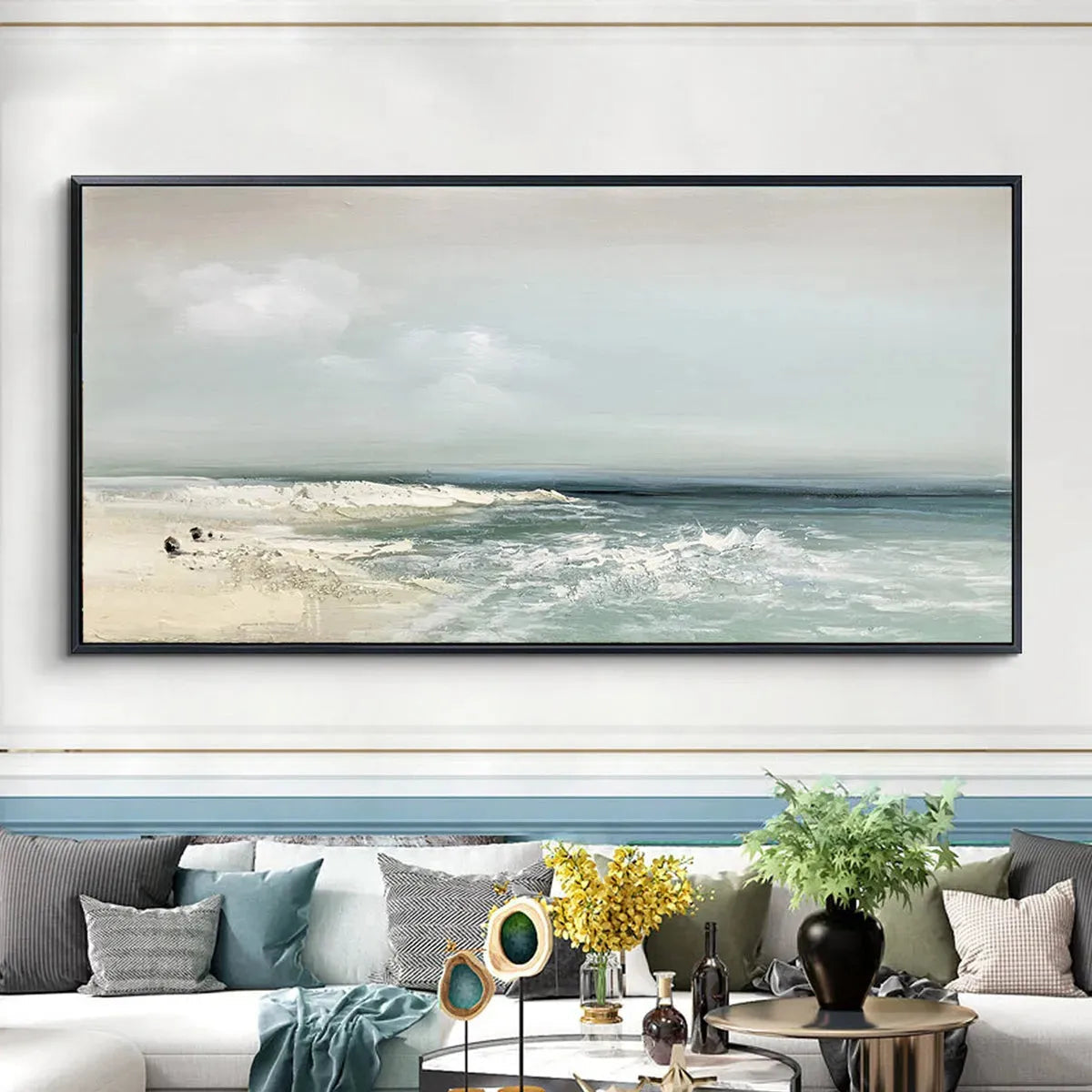 Coastal Whispers hand-painted ocean blue, ivory and soft neutral tones textured coastal landscape painting shown as stretched canvas