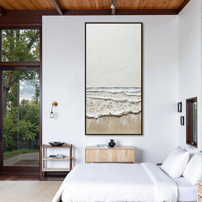 Coastal Whisper hand-painted white, beige and sand textured ocean wave painting shown with silver frame