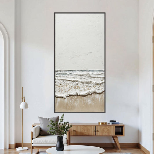 Coastal Whisper hand-painted white, beige and sand textured ocean wave painting shown as stretched canvas