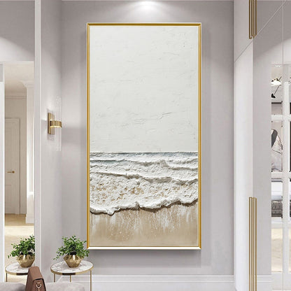 Coastal Whisper hand-painted white, beige and sand textured ocean wave painting shown with black frame