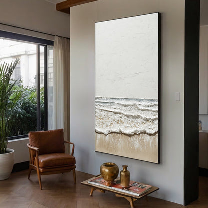 Coastal Whisper hand-painted white, beige and sand textured ocean wave painting shown with wood frame