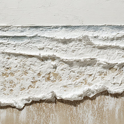 Coastal Whisper hand-painted white, beige and sand textured ocean wave painting shown with gold frame