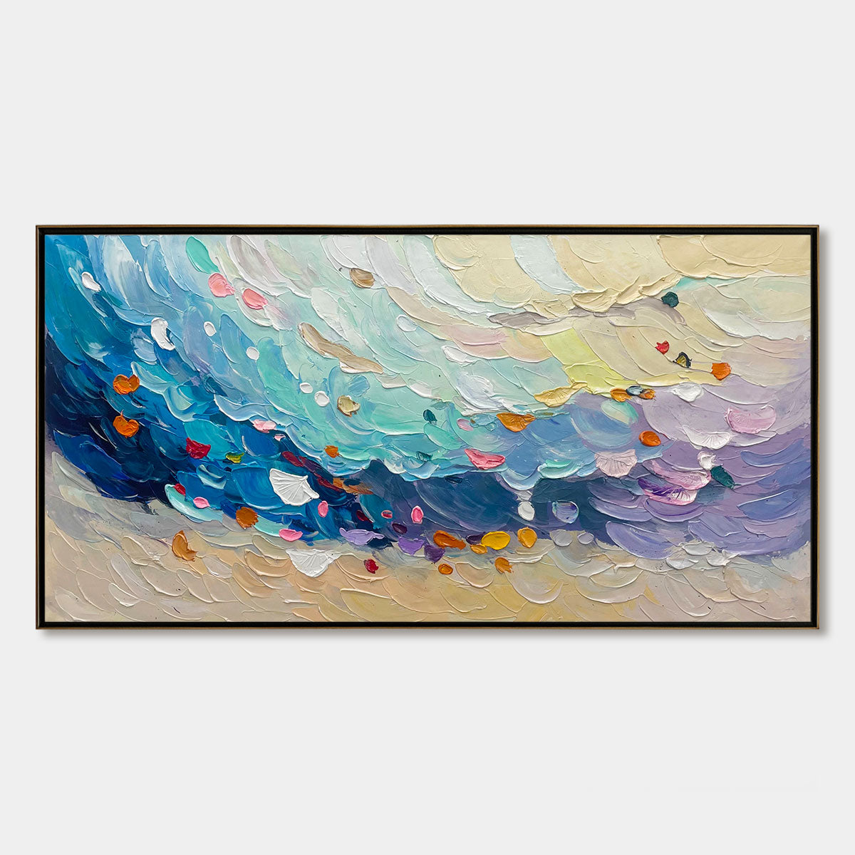 Coral Dream hand-painted coral and ivory textured coastal abstract painting shown with silver frame