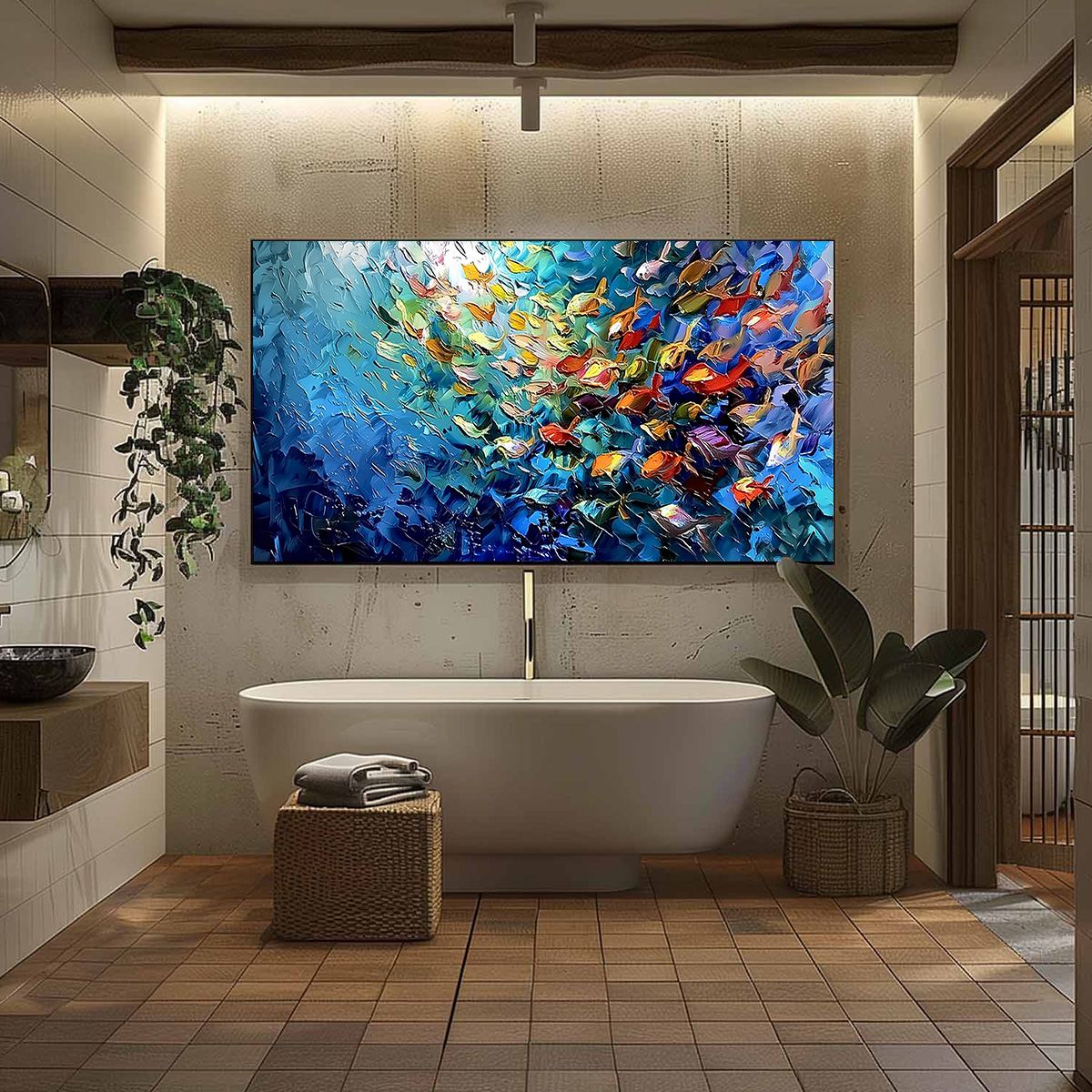 Coral Rush hand-painted coral and ivory textured school of fish painting shown with black frame