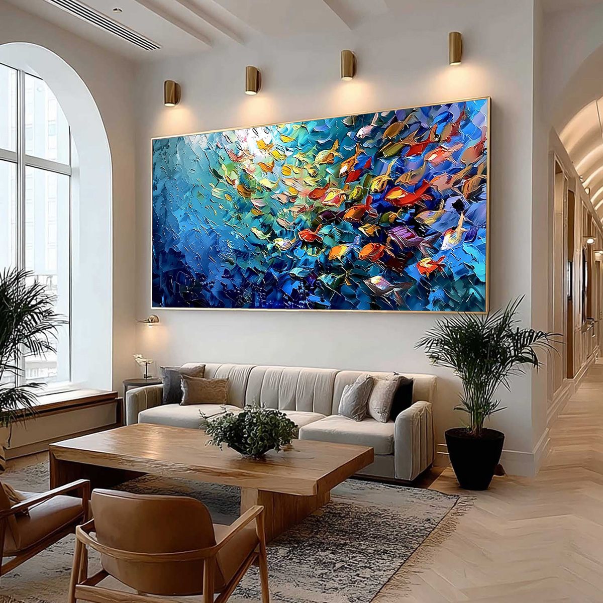 Coral Rush hand-painted coral and ivory textured school of fish painting shown with wood frame
