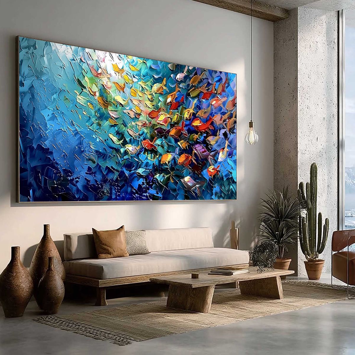 Coral Rush hand-painted coral and ivory textured school of fish painting rolled canvas option