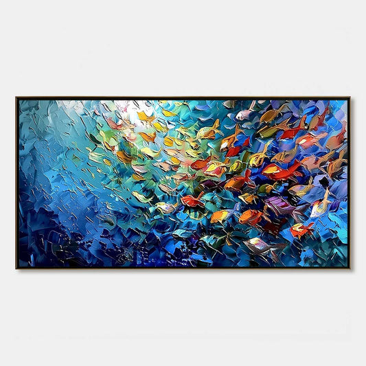 Coral Rush hand-painted coral and ivory textured school of fish painting rolled canvas option