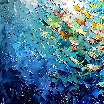 Coral Rush hand-painted coral and ivory textured school of fish painting shown with gold frame