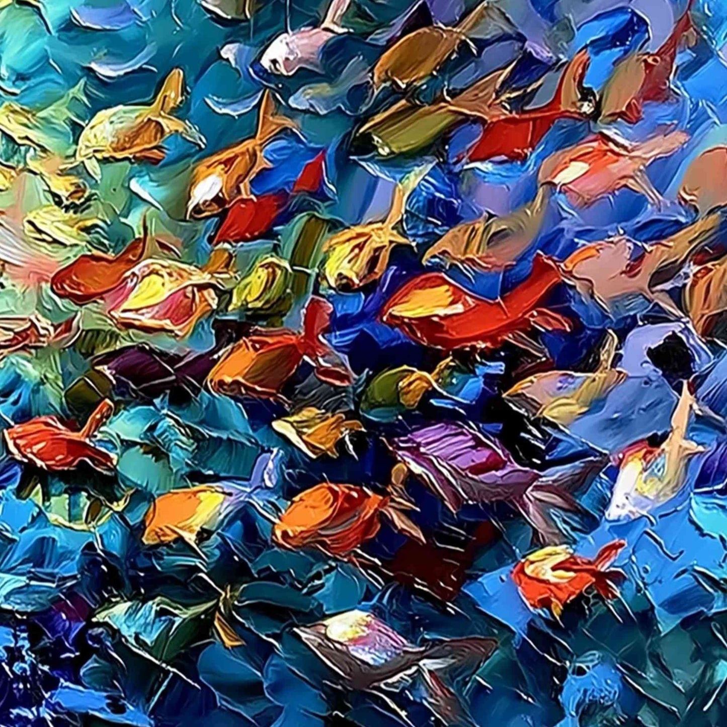 Coral Rush hand-painted coral and ivory textured school of fish painting shown with white frame