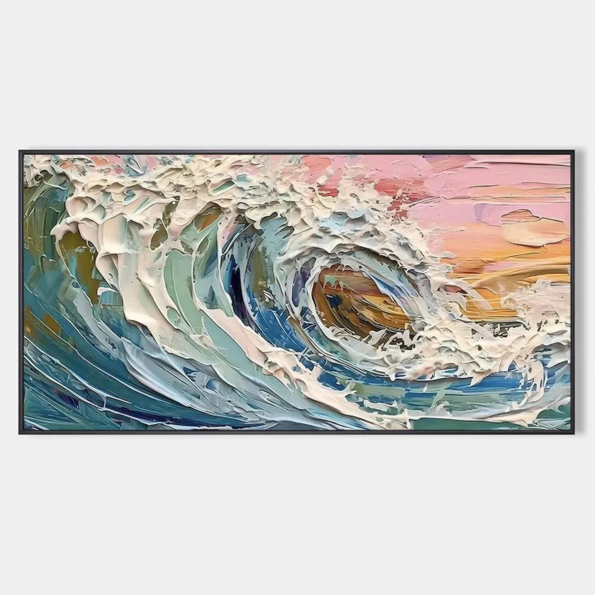 Coral Crest hand-painted ocean blue, coral and pink textured sunset seascape painting rolled canvas option