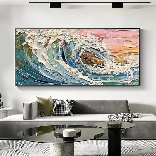 Coral Crest hand-painted ocean blue, coral and pink textured sunset seascape painting shown as stretched canvas