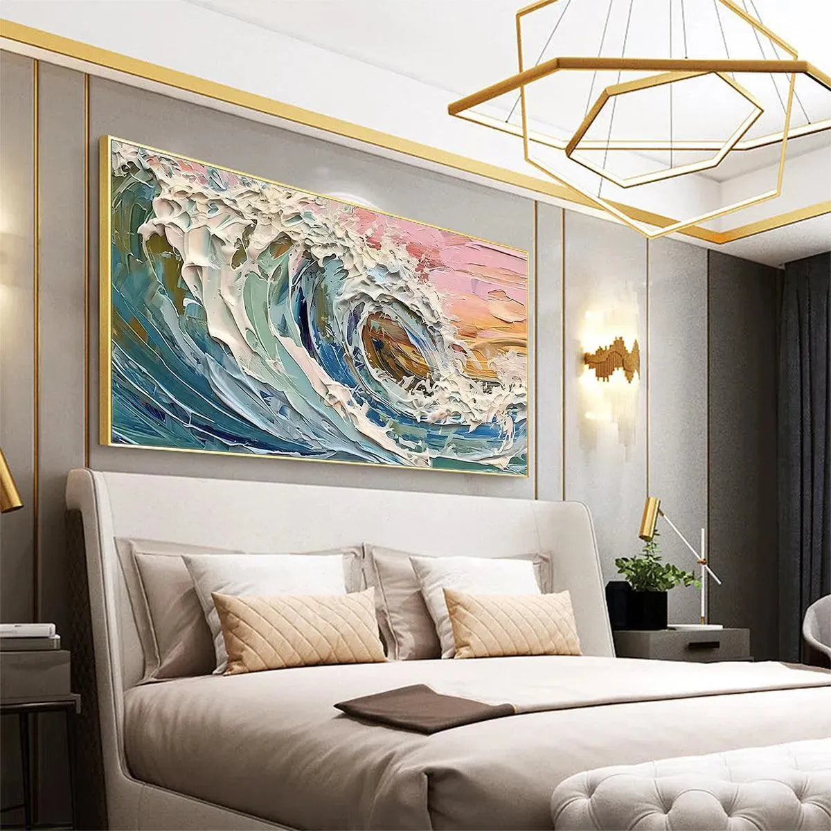 Coral Crest hand-painted ocean blue, coral and pink textured sunset seascape painting shown with white frame