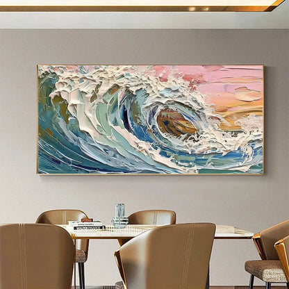 Coral Crest hand-painted ocean blue, coral and pink textured sunset seascape painting rolled canvas option