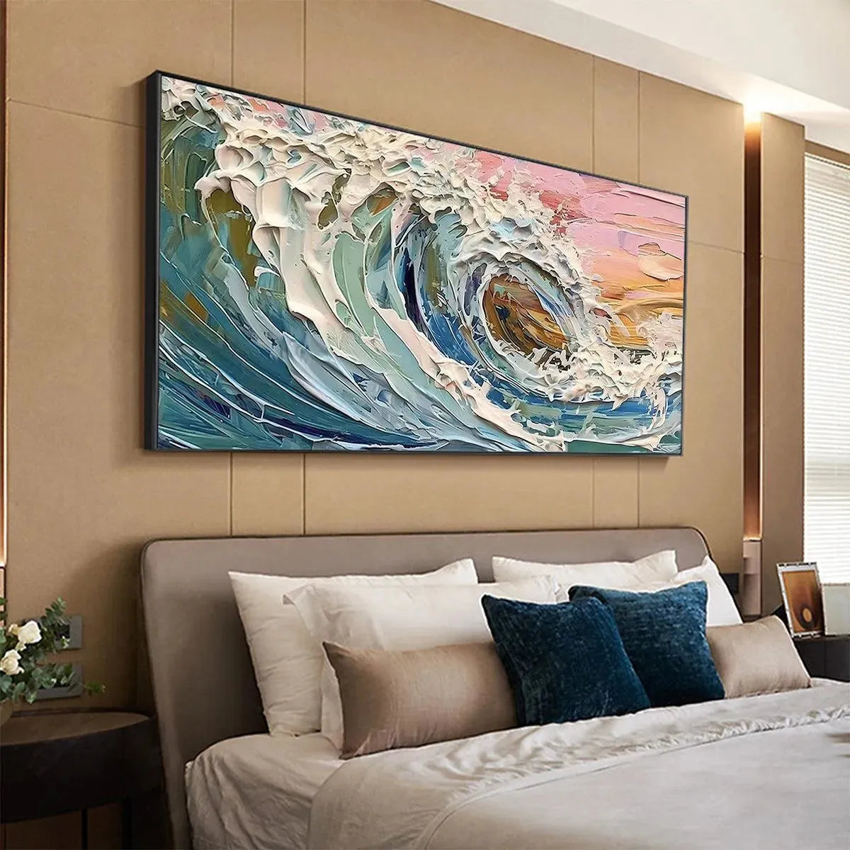 Coral Crest hand-painted ocean blue, coral and pink textured sunset seascape painting shown as stretched canvas