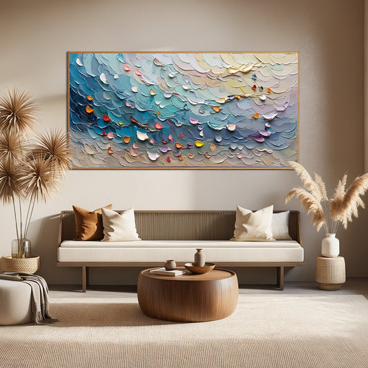 Coral Dream hand-painted coral and ivory textured coastal abstract painting shown as stretched canvas